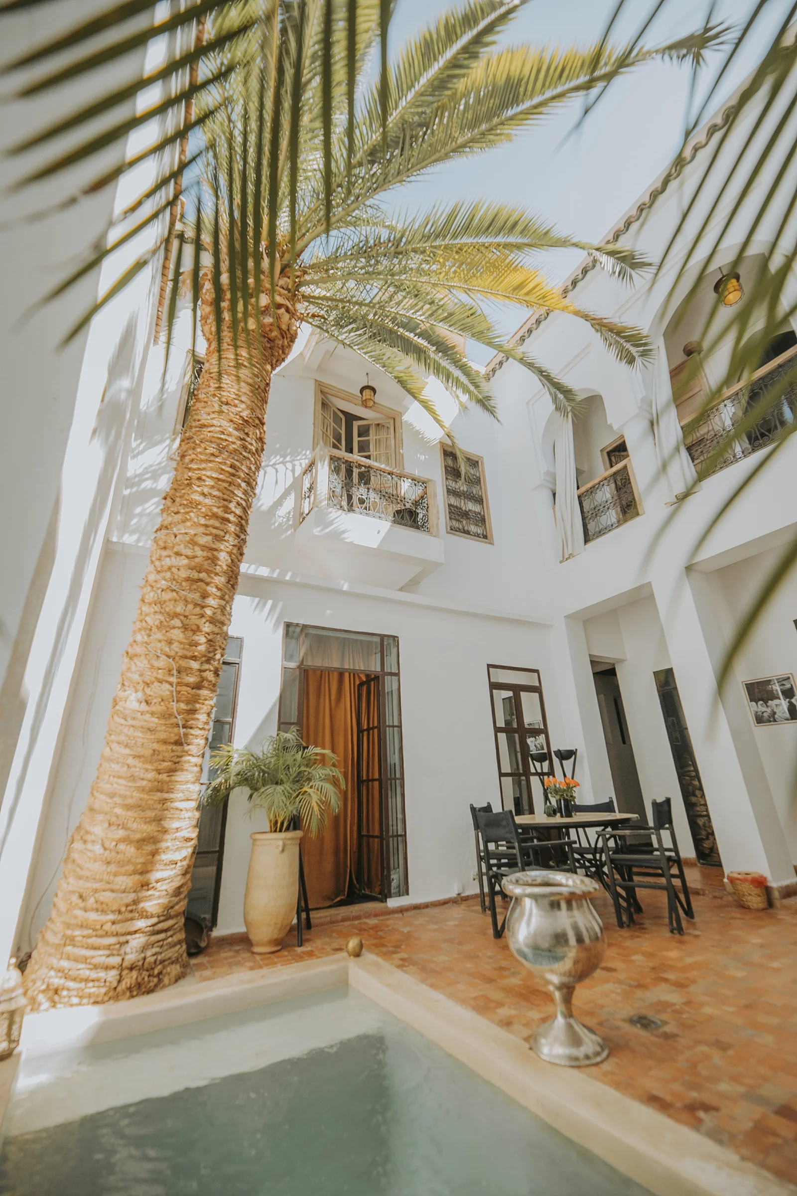 The sunlit patio of Dar Zelda — the palm over the heated pool, white arcades and forged-iron balconies