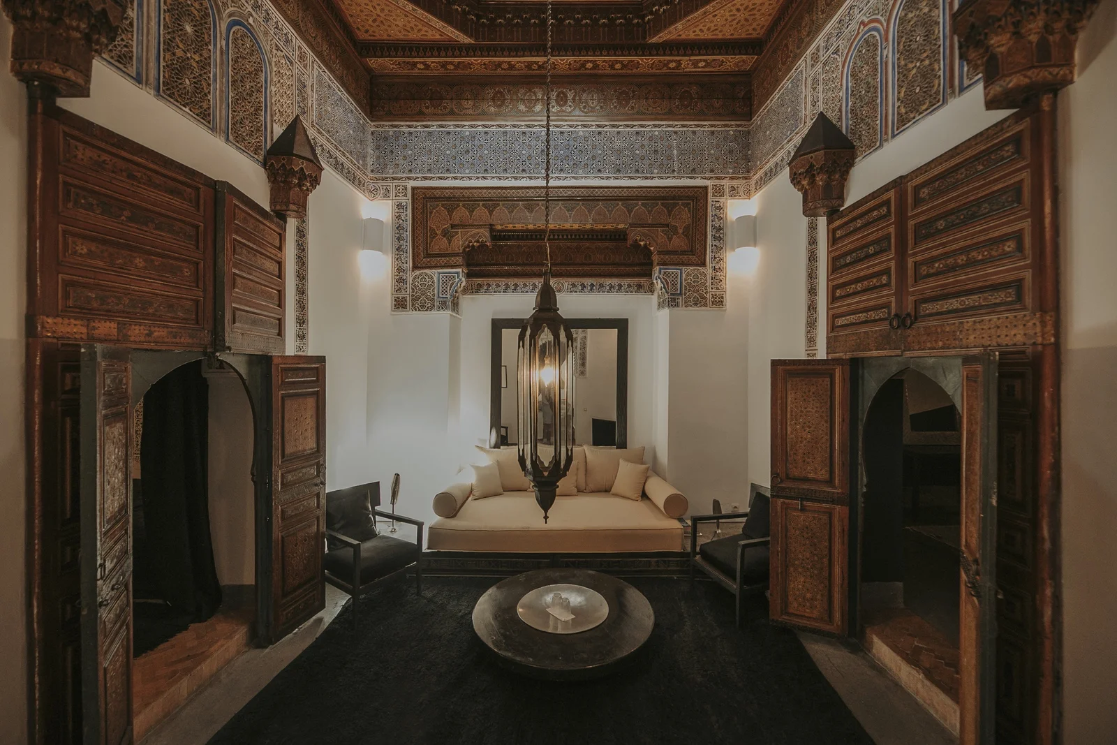 The Douiria King Suite's 18th-century ceremonial salon under its painted-cedar ceiling — the crown of the collection