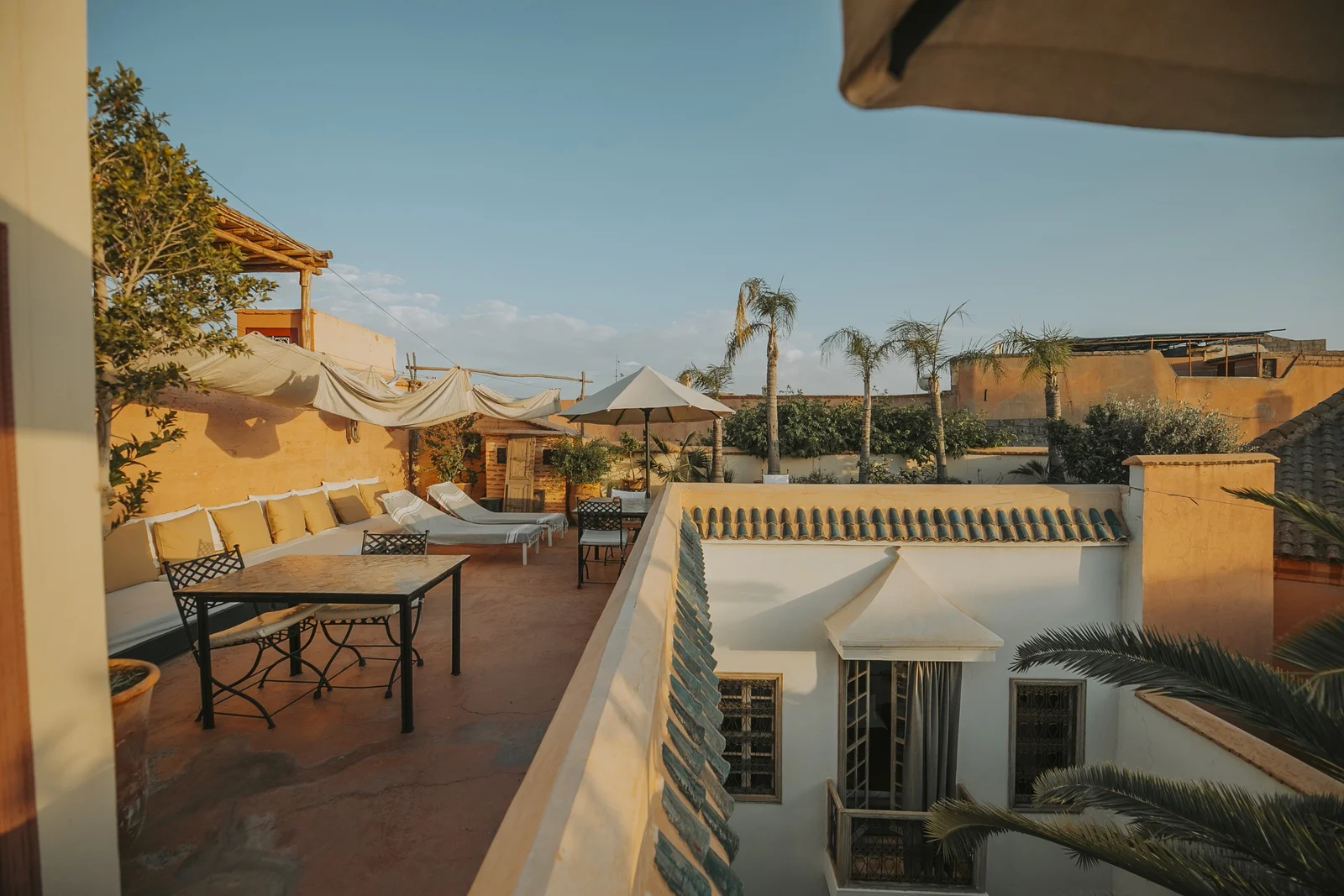 The rooftop terrace of Dar Zelda at golden hour — awnings, loungers and palm trees over the medina